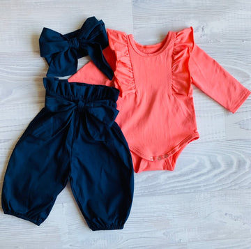 High Waisted Harems and Ruffle Romper / Top Set - Navy and Coral
