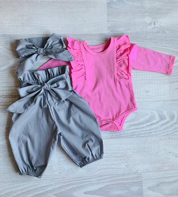 High Waisted Harems and Ruffle Romper / Top Set - Grey and Pink