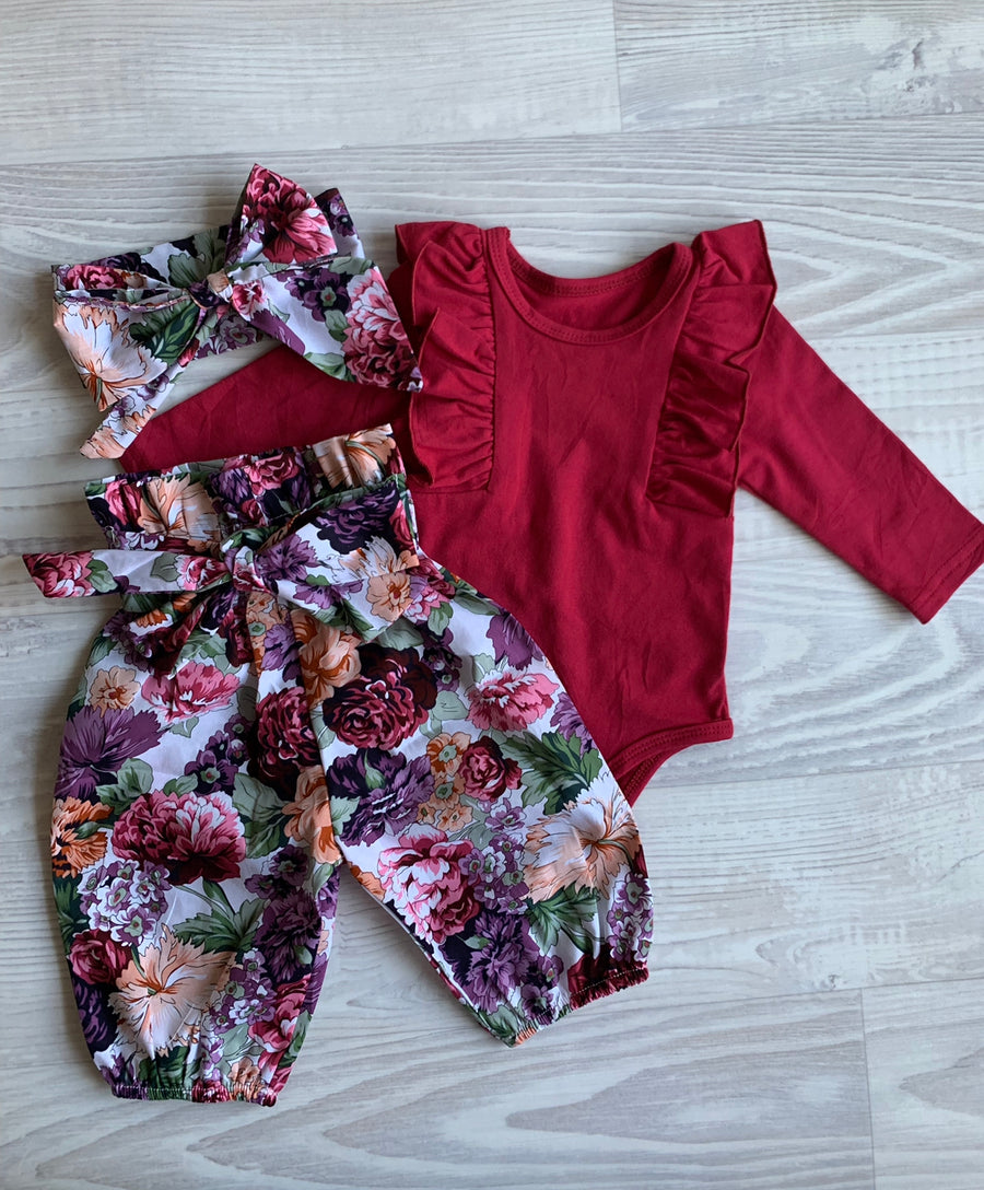 High Waisted Harems and Ruffle Romper Set - Bethany Wine and Burgundy